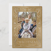 Vrolijk Kerstmis wit gebladerte op goud & foto Feestdagenkaart (Voorkant)