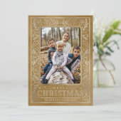 Vrolijk Kerstmis wit gebladerte op goud & foto Feestdagenkaart (Staand voorkant)