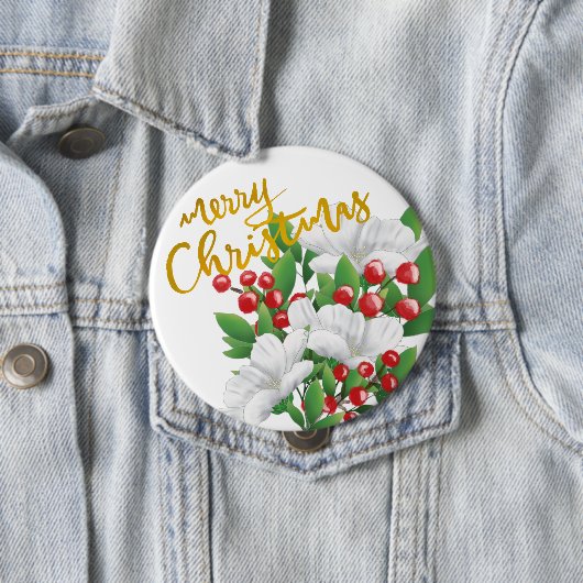 Vrolijk Kerstmis Wit Rood Groen Waterverf Bloemen Ronde Button 4,0 Cm (In situ)