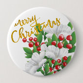 Vrolijk Kerstmis Wit Rood Groen Waterverf Bloemen Ronde Button 4,0 Cm (Voorkant)