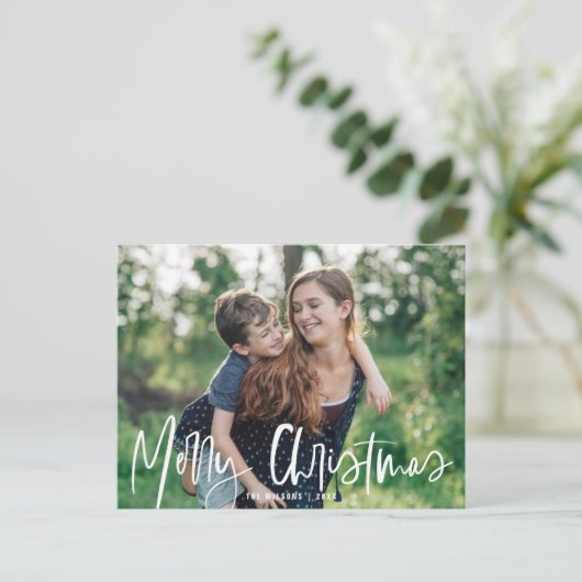 Vrolijk Kerstmis Wit Script | Vakantie foto Feestdagenkaart (Staand voorkant)