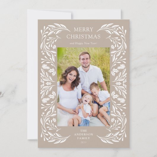 Vrolijk Kerstmis Wit Winter Groen Foto Feestdagenkaart (Voorkant)