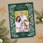 Vrolijk Kerstmis Wit Winter Groen Foto Feestdagenkaart<br><div class="desc">Een verticaal foto Christmas wenskaart met een elegant wit wintergroen lijst op een donkergroene achtergrond.</div>