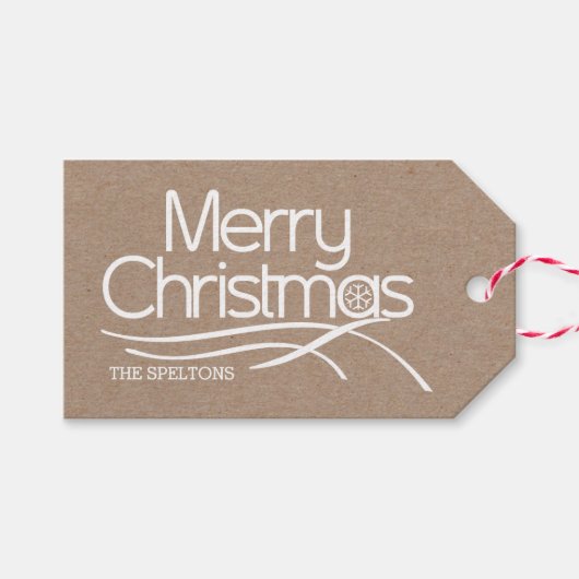 Vrolijk Kerstmis witte typografie, sneeuwvlok mode Cadeaulabel (Voorkant (Horizontaal))