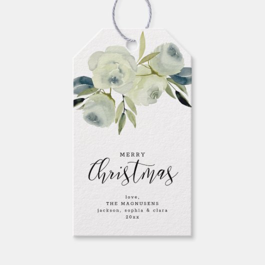 Vrolijk Kerstmis Witte Waterverf Bloemen Custom Cadeaulabel (Voorkant)