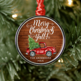 Vrolijk Kerstmis Y'all Hout Rode Vrachtwagen Rond Metalen Ornament