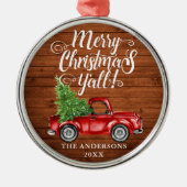 Vrolijk Kerstmis Y'all Hout Rode Vrachtwagen Rond Metalen Ornament (Voorkant)