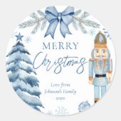 Vrolijk Kerstmis zilveren blauwe boog Notenkraker Ronde Sticker (Voorkant)