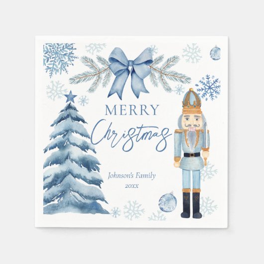 Vrolijk Kerstmis zilveren blauwe boog Notenkraker Servet (Voorkant)