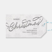Vrolijk Kerstmis Zilveren Kalligrafie Sneeuwvlokke Cadeaulabel (Voorkant (Horizontaal))