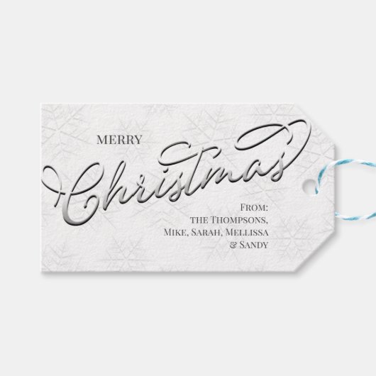 Vrolijk Kerstmis Zilveren Kalligrafie Sneeuwvlokke Cadeaulabel (Voorkant (Horizontaal))