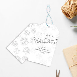 Vrolijk Kerstmis Zilveren Kalligrafie Sneeuwvlokke Cadeaulabel