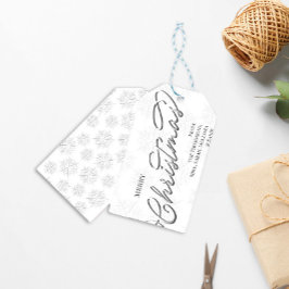 Vrolijk Kerstmis Zilveren Kalligrafie Sneeuwvlokke Cadeaulabel