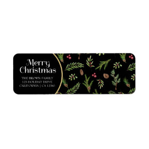 Vrolijk Kerstmis Zwart botanisch elegant modern Etiket