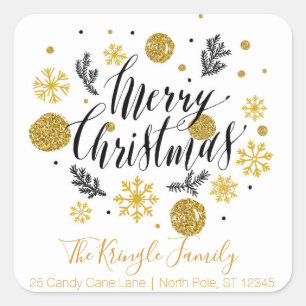 Vrolijk Kerstmis Zwart Goud Familie Retouradres Vierkante Sticker