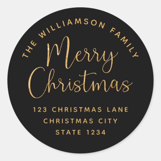 Vrolijk Kerstmis Zwart Goud Ronde Sticker (Voorkant)