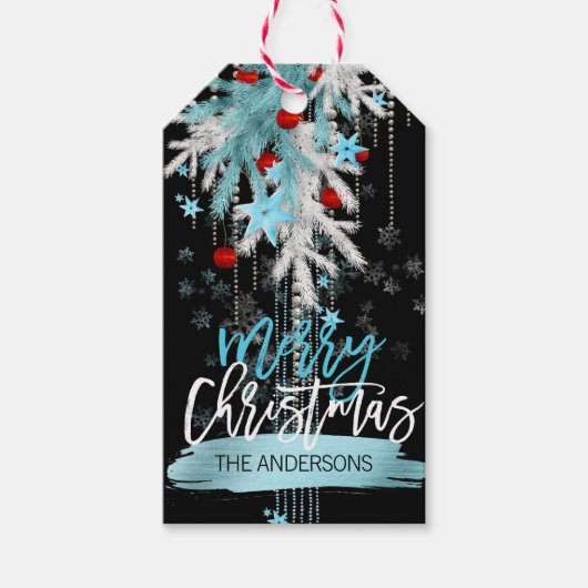 Vrolijk Kerstmis Zwart Rood Zilver Blauw Sneeuw Cadeaulabel (Voorkant)