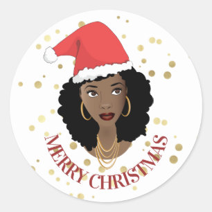 Vrolijk Kerstmis Zwart Vrouw Rood Santa Hoed Goude Ronde Sticker