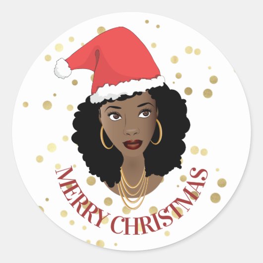Vrolijk Kerstmis Zwart Vrouw Rood Santa Hoed Goude Ronde Sticker (Voorkant)