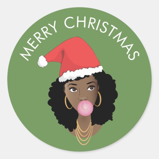 Vrolijk Kerstmis Zwart Vrouw, Santa Hoed, Bubblegu Ronde Sticker (Voorkant)