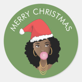 Vrolijk Kerstmis Zwart Vrouw, Santa Hoed, Bubblegu Ronde Sticker