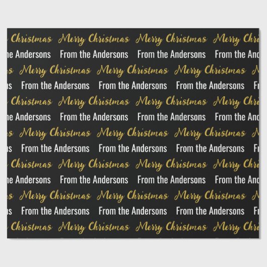 Vrolijk Kerstmis Zwart Wit en Goud Script Naam Cadeaupapier (Vlak)