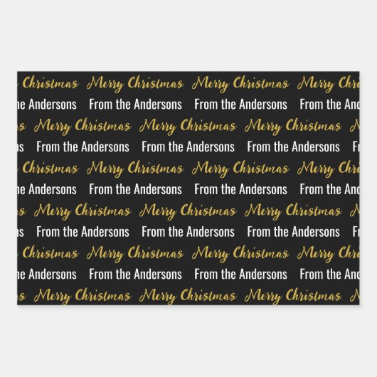 Vrolijk Kerstmis Zwart Wit en Goud Script Naam Inpakpapier Vel (Voorkant 3)