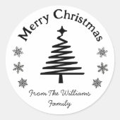 Vrolijk Kerstmis Zwart Wit Tree&Snowflakes Ronde Sticker (Voorkant)