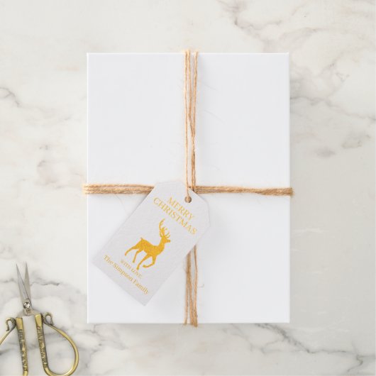 Vrolijk Kerstmisgewei Herten Familienaam Cadeaulabels (Met Koord)