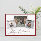 Vrolijk Kerstmisscript 3 foto collage rood Feestdagenkaart (Staand voorkant)