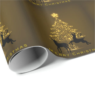 Vrolijk Kerstmissilhouet Herten en Gouden Boom Cadeaupapier