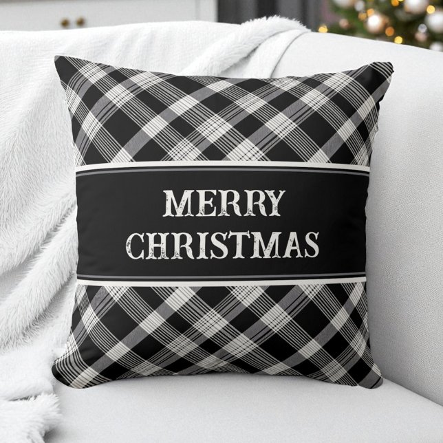 Vrolijk Kerstmiszwart geplakt patroon Modern Rusti Kussen (Merry Christmas Black Plaid Pattern Modern Rustic Throw Pillow)