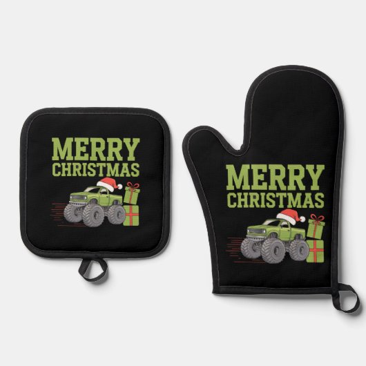 Vrolijk Kerstmonster Vrachtwagen Peuter Jongens Ke Ovenwant & Pannenlap Set (Voorkant)