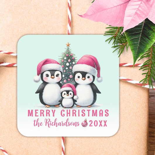 Vrolijk Kerstmuntje Groene en Roze Schattigee Ping Vierkante Sticker