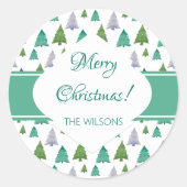 Vrolijk Kerstmuntje Groene Waterverf Boom Ronde Sticker (Voorkant)