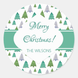 Vrolijk Kerstmuntje Groene Waterverf Boom Ronde Sticker