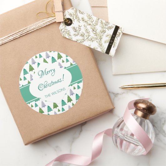 Vrolijk Kerstmuntje Groene Waterverf Boom Ronde Sticker (Geschenken)
