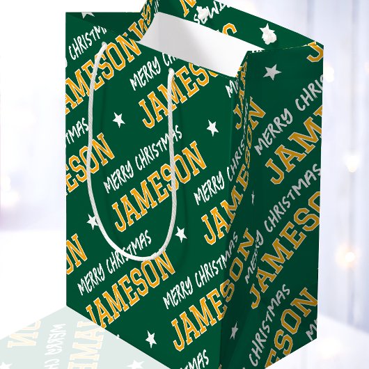 Vrolijk Kerstnaam Typografie Groen Geel Medium Cadeauzakje