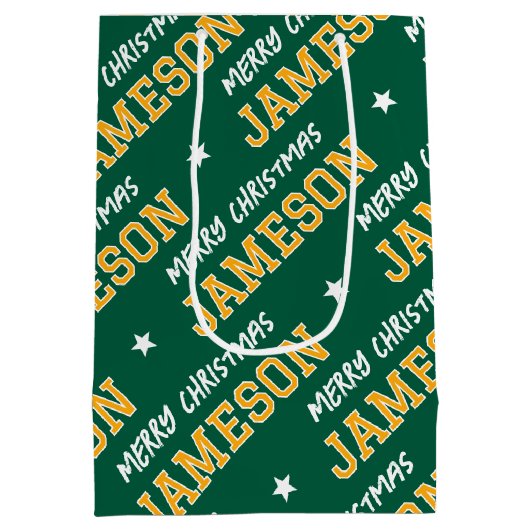 Vrolijk Kerstnaam Typografie Groen Geel Medium Cadeauzakje (Achterkant)