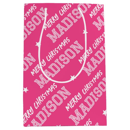 Vrolijk Kerstnaam Typografie Roze Medium Cadeauzakje (Voorkant)