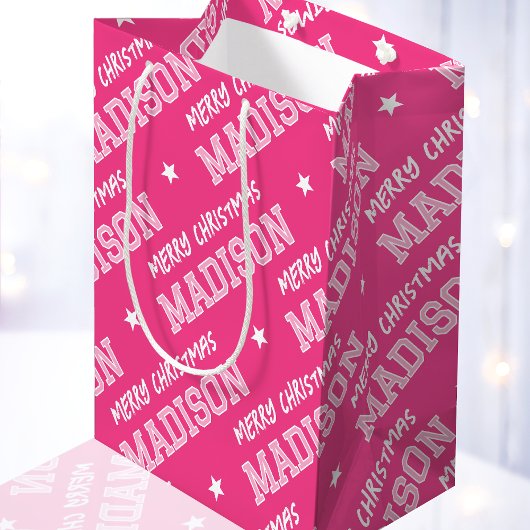 Vrolijk Kerstnaam Typografie Roze Medium Cadeauzakje