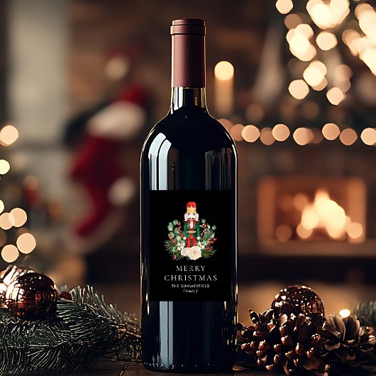 Vrolijk kerstnotenkrakerscript Botanische Aangepas Wijn Etiket