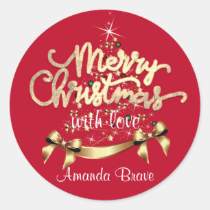 Vrolijk kerstomhulde gouden boomnaam van ronde sticker