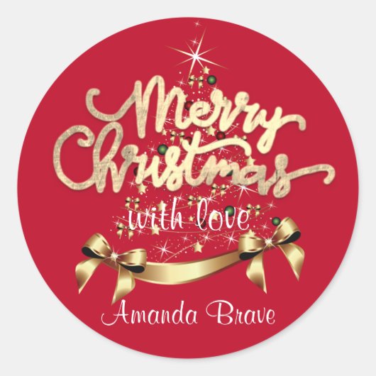 Vrolijk kerstomhulde gouden boomnaam van ronde sticker (Voorkant)