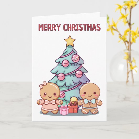 Vrolijk kerstontbijtkoek mensen en bomen kaart (Gele Bloem)