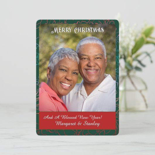 Vrolijk kerstpaar Familie Foto Groen Feestdagenkaart (Staand voorkant)