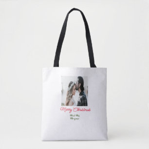 Vrolijk kerstpaar foto voeg naam gelukkige vakanti tote bag