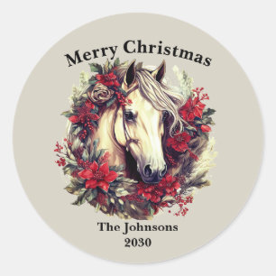 Vrolijk kerstpaard krans ronde sticker