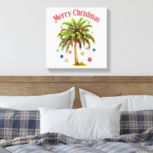 Vrolijk kerstpalmboom licht Hawaïaans tropisch Canvas Afdruk (Insitu (Slaapkamer))
