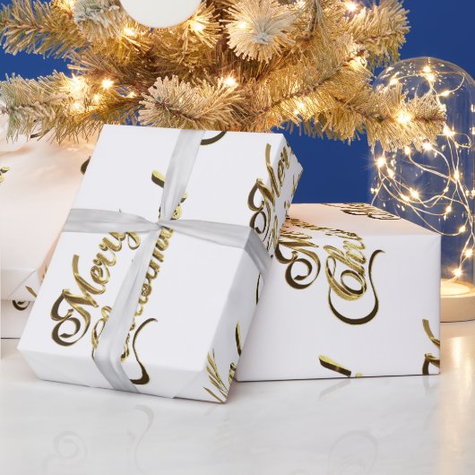 Vrolijk kerstpatroon Modern Gold en White Cadeaupapier (Feestdagen)